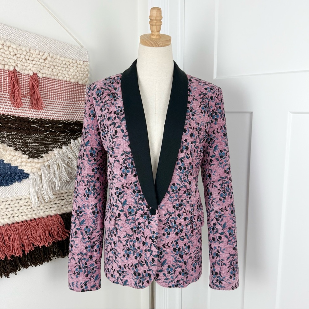 Zadig & Voltaire Vito Floral Print Velvet Tuxedo Style Blazer Jacket Pink Sz 10